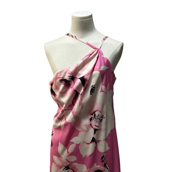 The Fashion Poet Womens Large One Shoulder Halter Floral Satin Maxi Dress Pink - Picture 5 of 13